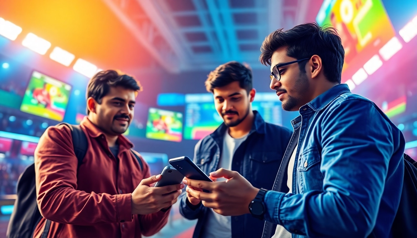 Engaging image of Indian users enjoying fairplay online sports betting on mobile devices with live odds and instant transactions for a realistic experience