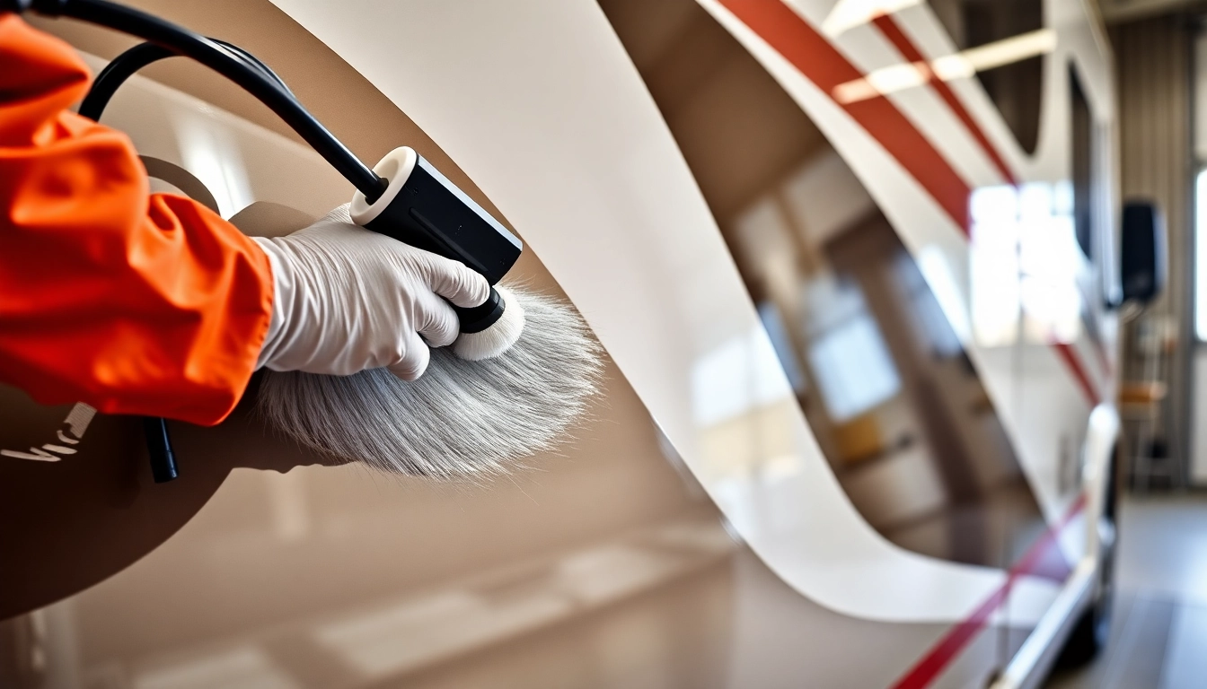 Professional applying Wohnmobil Politursiegelung on a gleaming campervan for long-lasting
